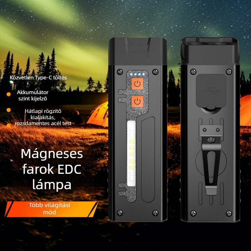 Kültéri duál LED-es zseblámpa rozsdamentes acél testtel, 1000mAh újra tölthető akkumulátorral, 3W LED, 50 m-es fénysugárig, többfunkciós és rendkívül vékony