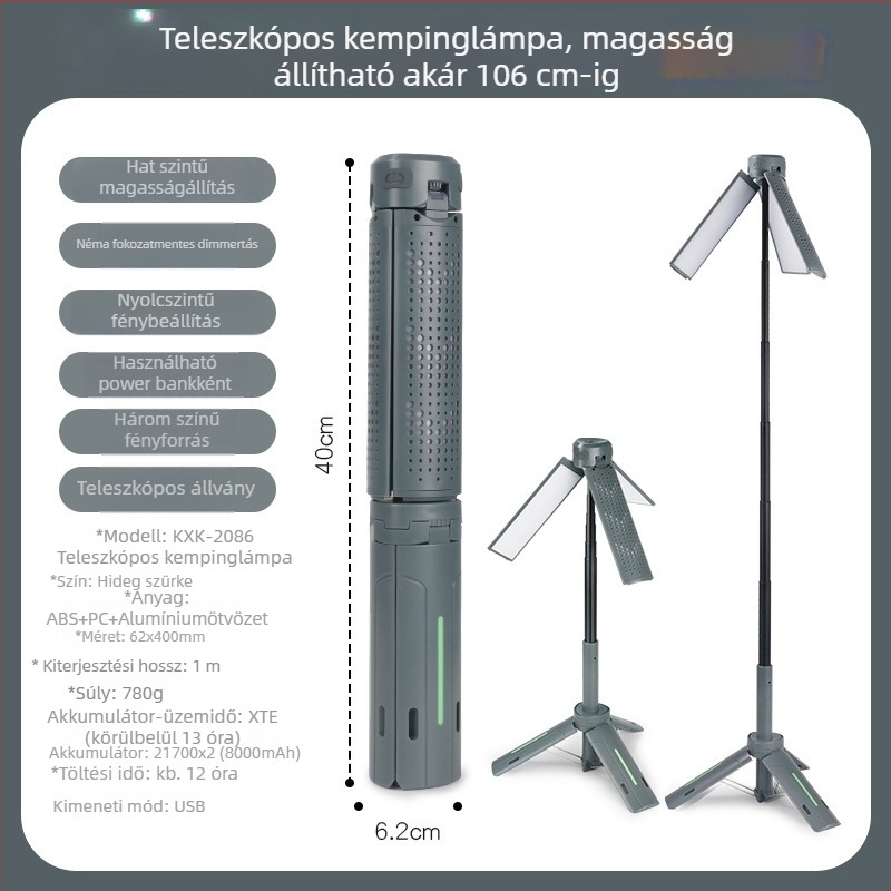 Polaris kemping lámpa, teleszkópos LED, fehér, meleg és piros módok, mágneses alap, digitális kijelző, 30W, 8000mAh