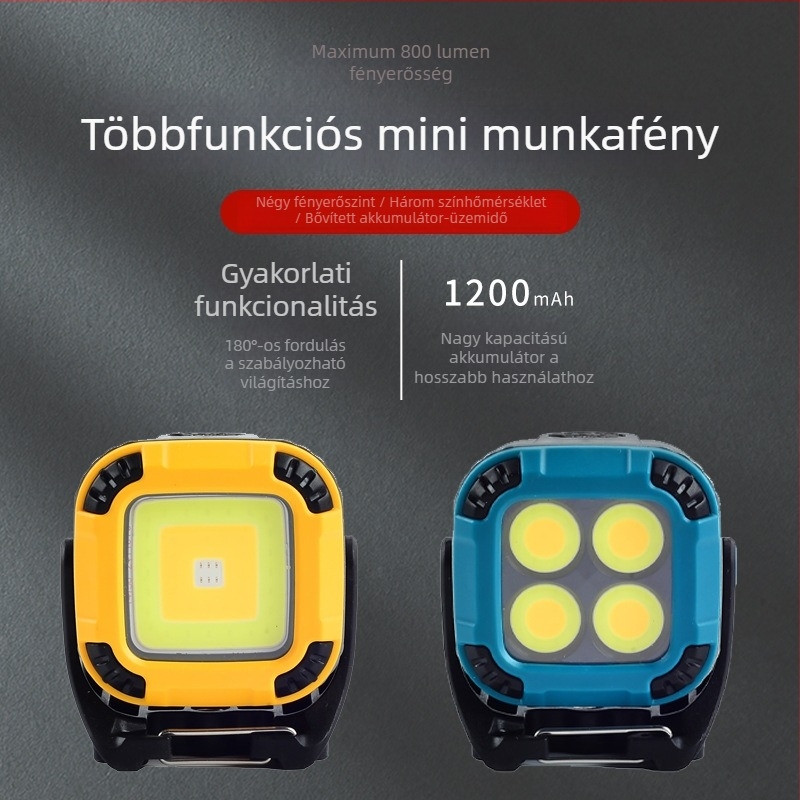 W8129-1 mini négyszögletes munkalámpa, négyszintű állítható forgó fej, IP65, LED COB 800 lm, rögzítés 1/4 hüvelyk