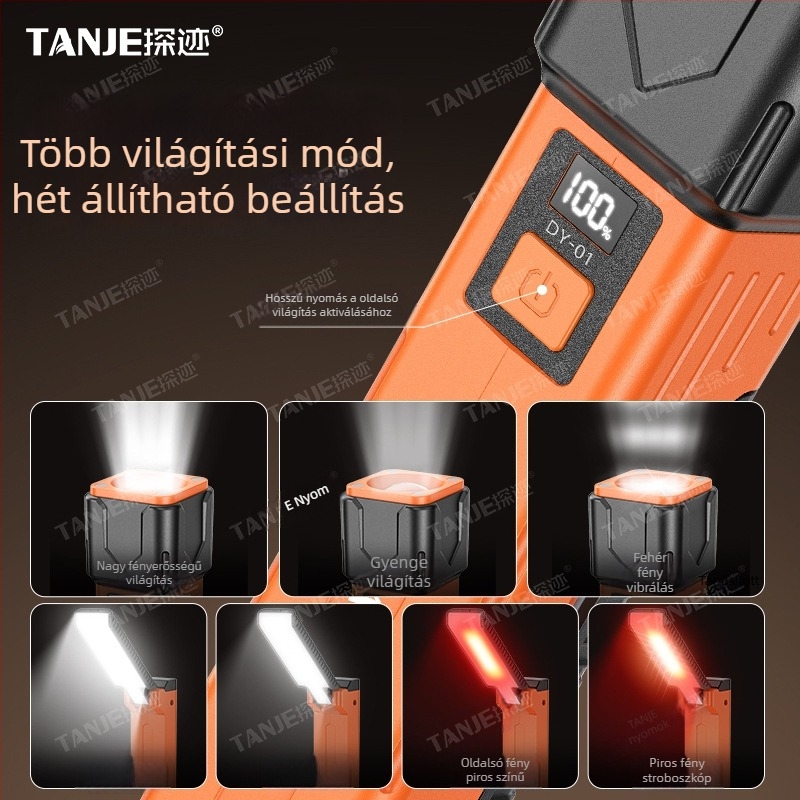 Összecsukható LED munka lámpa COB+LED-del, 15W, beépített 18650-es akkumulátor, Type-C töltés, 360° forgás
