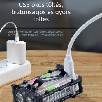 Multifunkcionális mágneses javító lámpa villogó figyelmeztető jelzéssel, kompakt LED zseblámpa kültéri vészhelyzetekre; 5W LED • 400 mAh akkumulátor • 360° forgás • kézi működtetés • töltő a csomagban