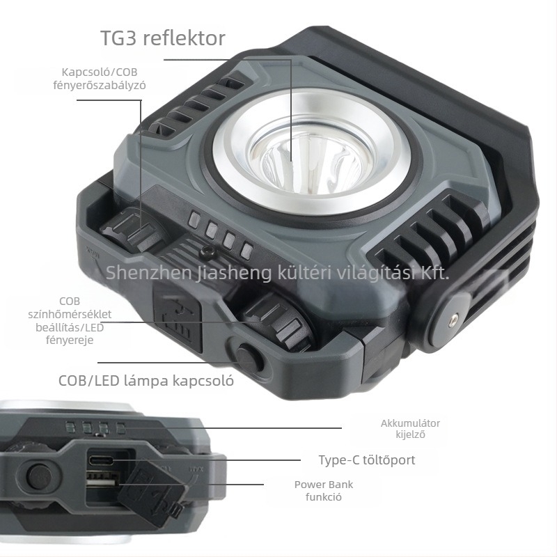 Multifunkcionális COB LED munkalámpa mágneses töltéssel és kézi tekercseléses töltéssel, 360°-os forgással (5000 mAh, 15 W, COB LED, kézi tekercseléses töltés, 360° forgás)