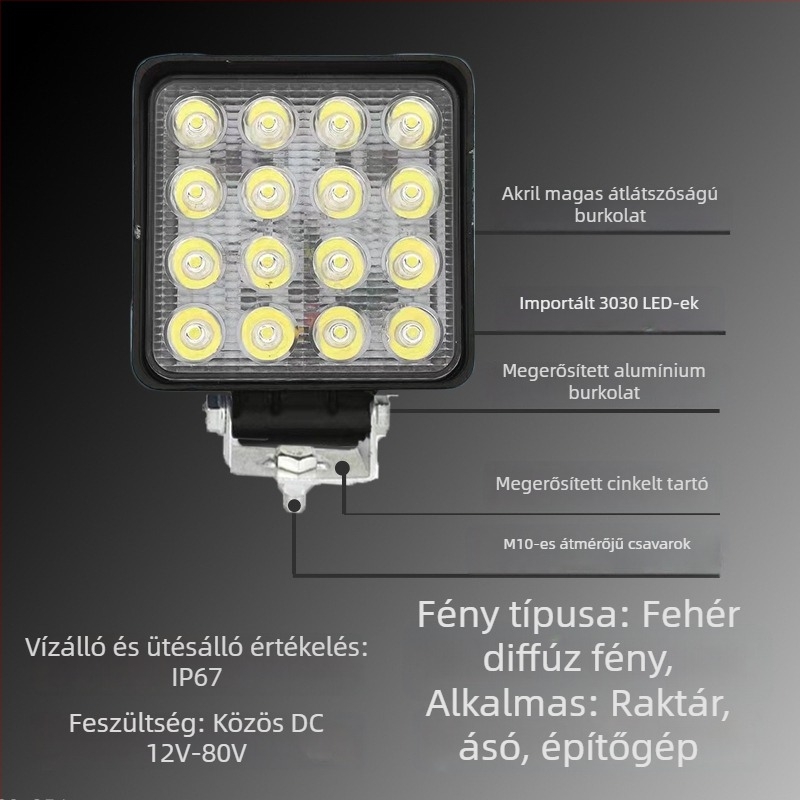 LED Munkalámpa ásógéphez és targoncához - 48W, 12-80V, 2000 lm, 5000 h, alumínium és PC ház, modell Y-F16