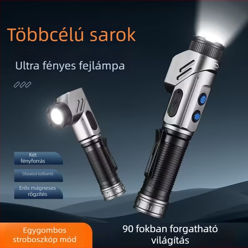 Multifunkcionális LED elemlámpa, alumínium ötvözet ház, 21700-es akkumulátor, újratölthető, 100–200 m hatótávolság