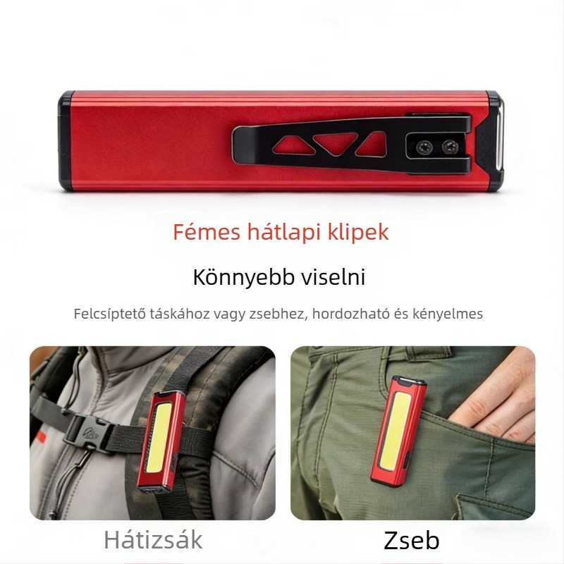 COB újratölthető kézi munkalámpa mágneses tollklipsz-szel, 3W LED, 240 lm, 136° fényhasáb szög, polimer akkumulátor 102050, üzemidő 3,5 óra