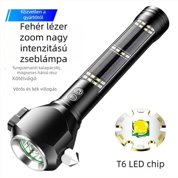 Autóhasználatú, multifunkcionális biztonsági kalapács LED munkalámpával és ablaktörővel, 10W, 2000 mAh, 350 lm felett, beépített Power Bank