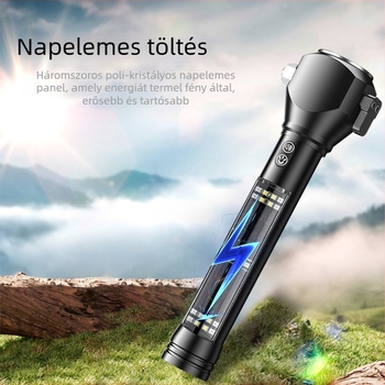 Autóhasználatú, multifunkcionális biztonsági kalapács LED munkalámpával és ablaktörővel, 10W, 2000 mAh, 350 lm felett, beépített Power Bank