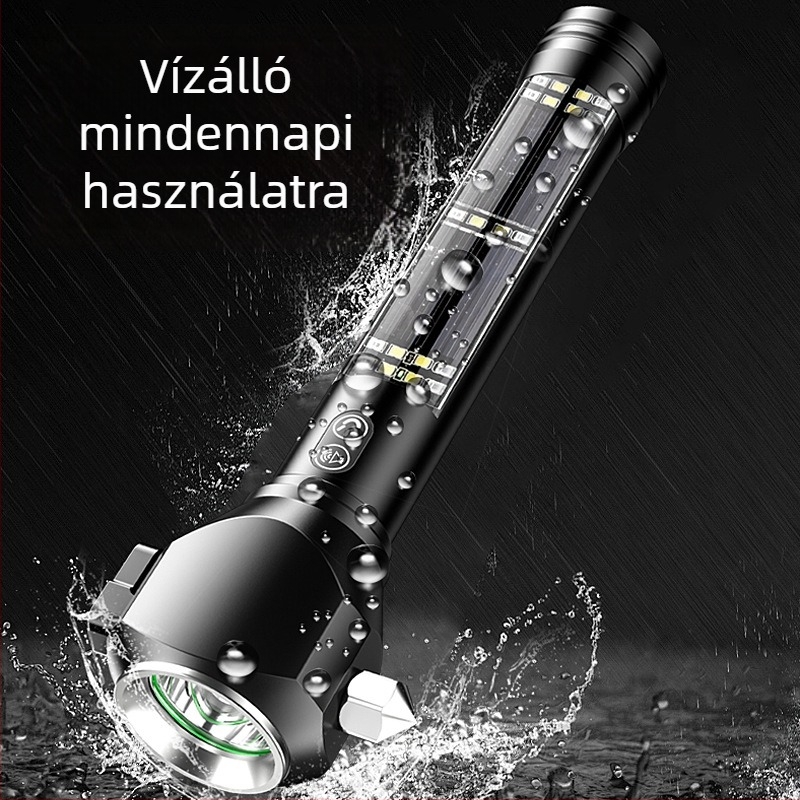 Autóhasználatú, multifunkcionális biztonsági kalapács LED munkalámpával és ablaktörővel, 10W, 2000 mAh, 350 lm felett, beépített Power Bank