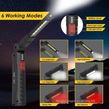 Kézi autójavító lámpa erős mágnessel, 3W COB+LED, 1200mAh akkumulátor, 360° forgatás