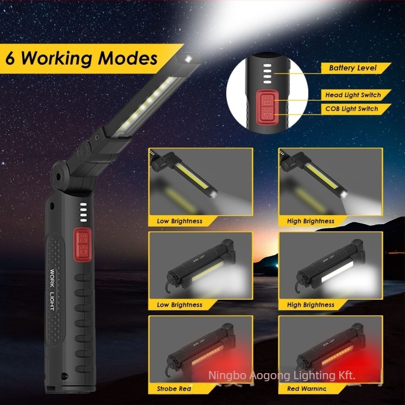 Kézi autójavító lámpa erős mágnessel, 3W COB+LED, 1200mAh akkumulátor, 360° forgatás