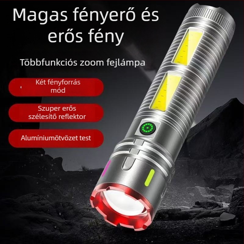 Tölthető LED elemlámpa teleszkópos zoommal, COB oldalsó világítással, 5000mAh, 20W, vízálló