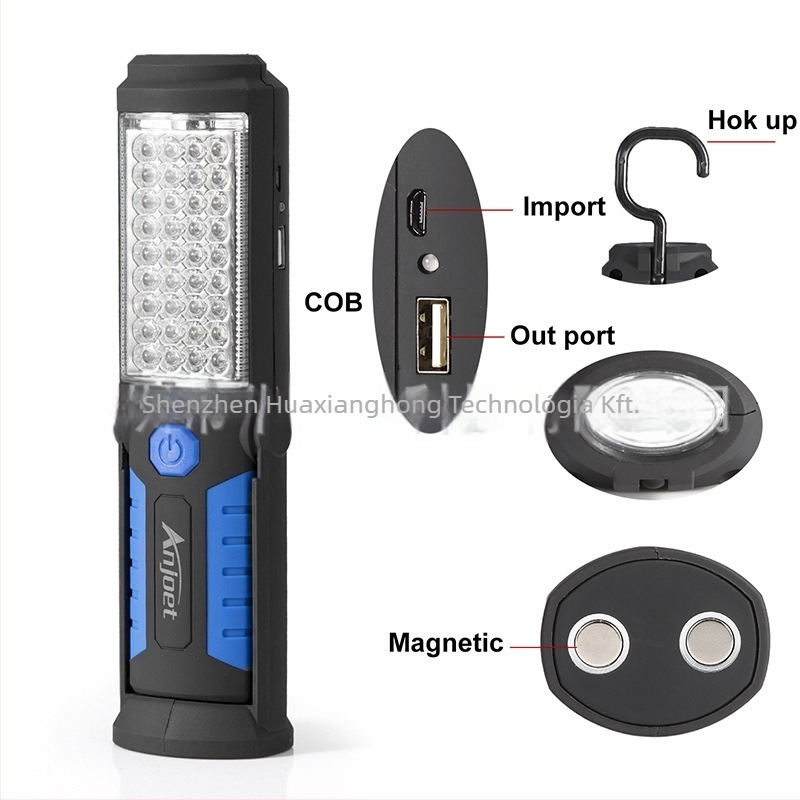Sürgősségi munka lámpa USB töltéssel és mágneses tartóval, COB LED, 41 LED, 360° forgás, power bank funkció