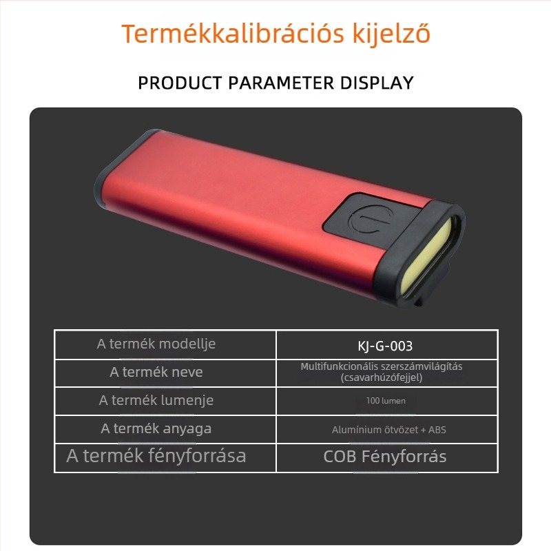 COB autó-munkalámpa csavarhúzófejjel — hordozható, alumínium+ABS, COB fény, akkumulátoros üzem, kézi energia generálás, fényhatótávolság 50–100 m