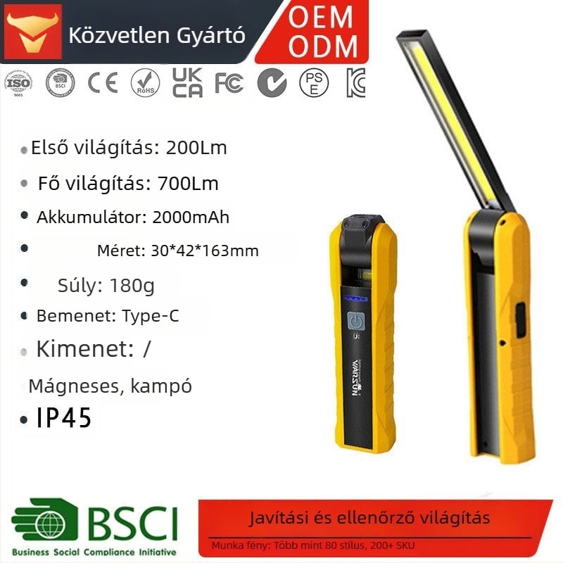 LED munkalámpa erős mágnessel, rejtett kampó, 2000mAh akkumulátor, 3W teljesítmény, 360° forgás