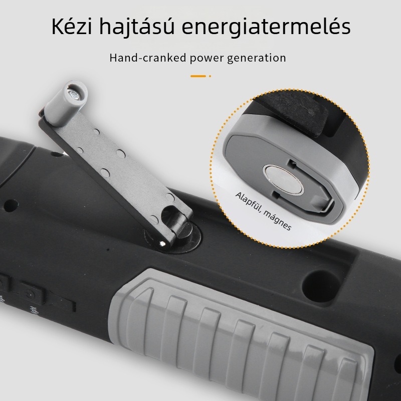 Kézi hajtású munkalámpa, mágneses rögzítés, LED, 1200mAh, 500 m+ fényhatótávolság
