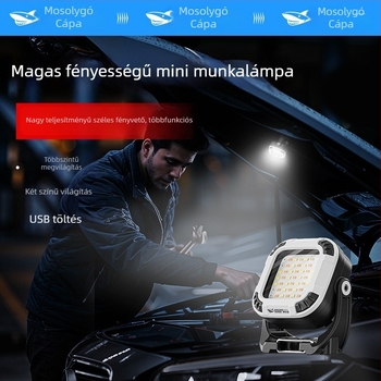 Hordozható mini LED munkalámpa mágneses záróval és három világítási móddal, ABS/PC ház, töltő, kézi meghajtású energiaforrás