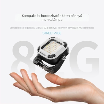 Hordozható mini LED munkalámpa mágneses záróval és három világítási móddal, ABS/PC ház, töltő, kézi meghajtású energiaforrás