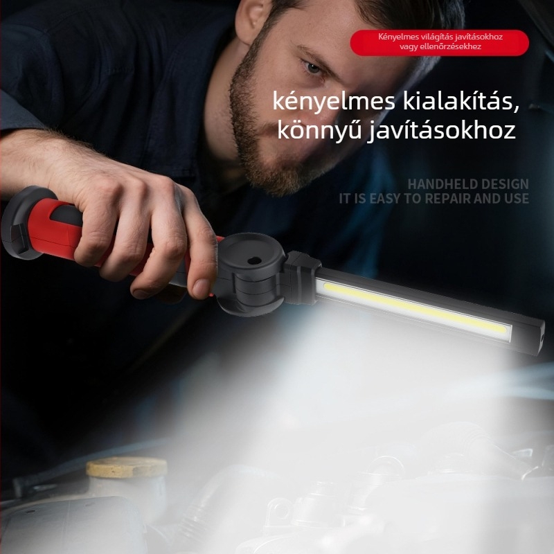 COB LED-es kézi, összecsukható munkalámpa forgó fejjel, mágneses alap, állítható fényerő, 3,7 V