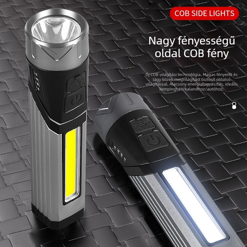 Két COB LED-es zseblámpa – multifunkcionális karbantartási modell, 360° forgás, kézi hajtás, 1500 mAh akkumulátor, 5 W teljesítmény