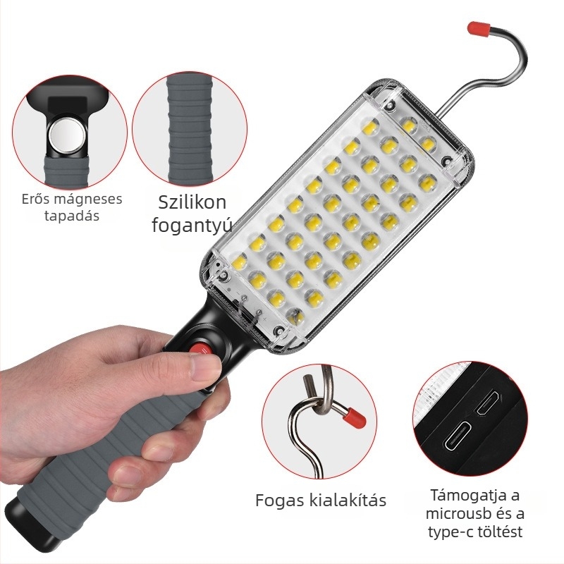 LED ellenőrző munkalámpa USB-C töltéssel, mágneses akasztó, 360° forgás, 2000 mAh