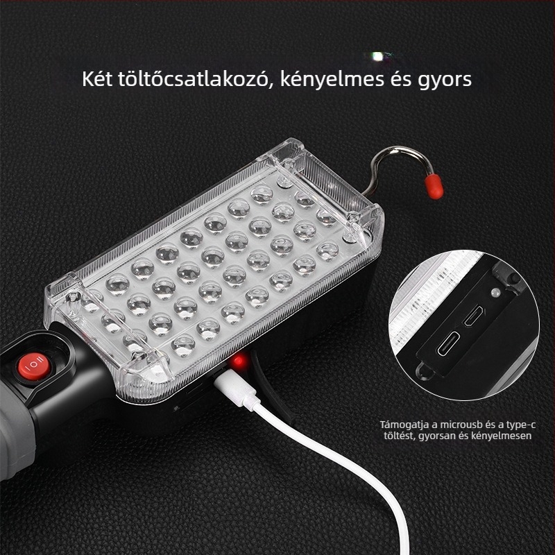 LED ellenőrző munkalámpa USB-C töltéssel, mágneses akasztó, 360° forgás, 2000 mAh