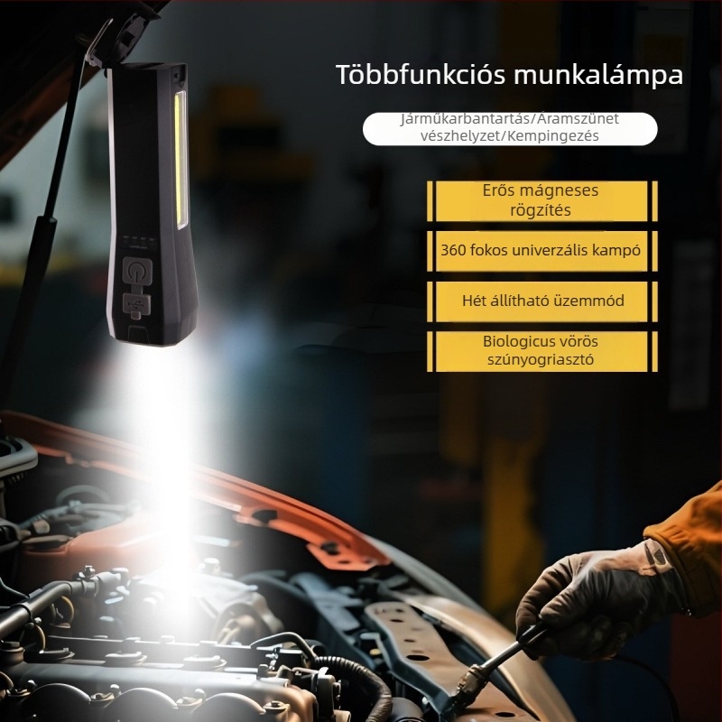 Többfunkciós LED zseblámpa Type-C töltéssel, COB vörös fénnyel, figyelmeztető fénnyel és erős mágnessel ellátott vizsgálati munkalámpa