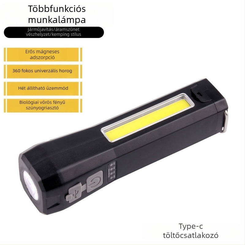 Többfunkciós LED zseblámpa Type-C töltéssel, COB vörös fénnyel, figyelmeztető fénnyel és erős mágnessel ellátott vizsgálati munkalámpa