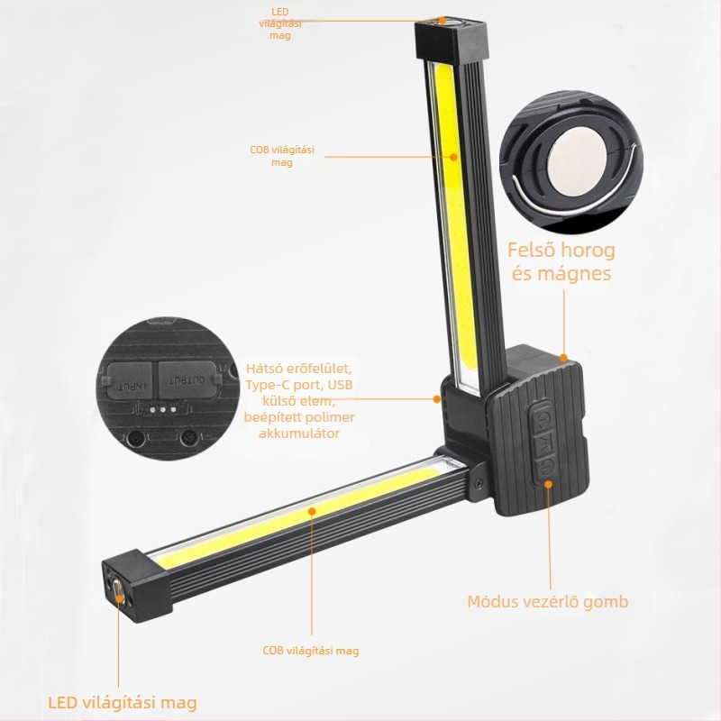 Újratölthető COB munkalámpa LED-del, összecsukható mágneses zseblámpa, 5W, 1200mAh
