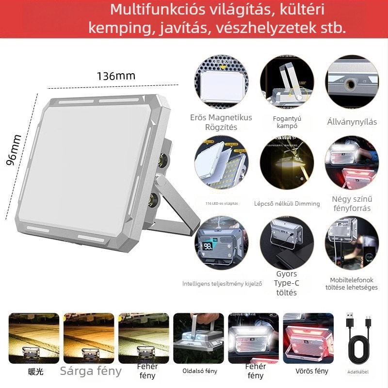 Erős mágneses kültéri munkalámpa, újratölthető LED-del, 50W, autójavítás és vészvilágítás
