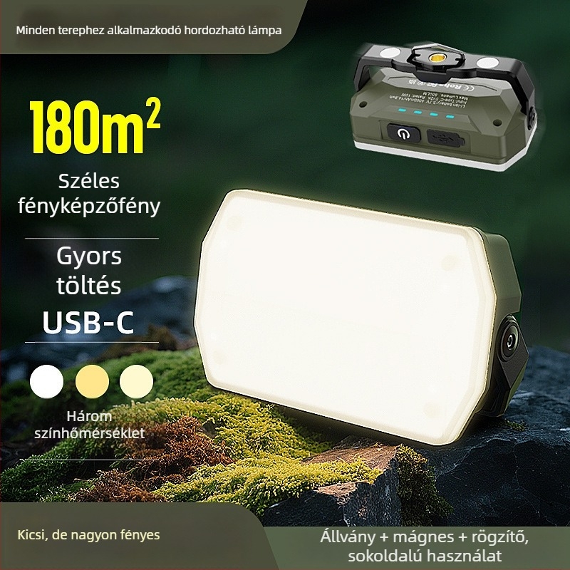 LED kempinglámpa, hordozható, újratölthető, rendkívül hosszú üzemidő, mágneses talp, vészvilágítás