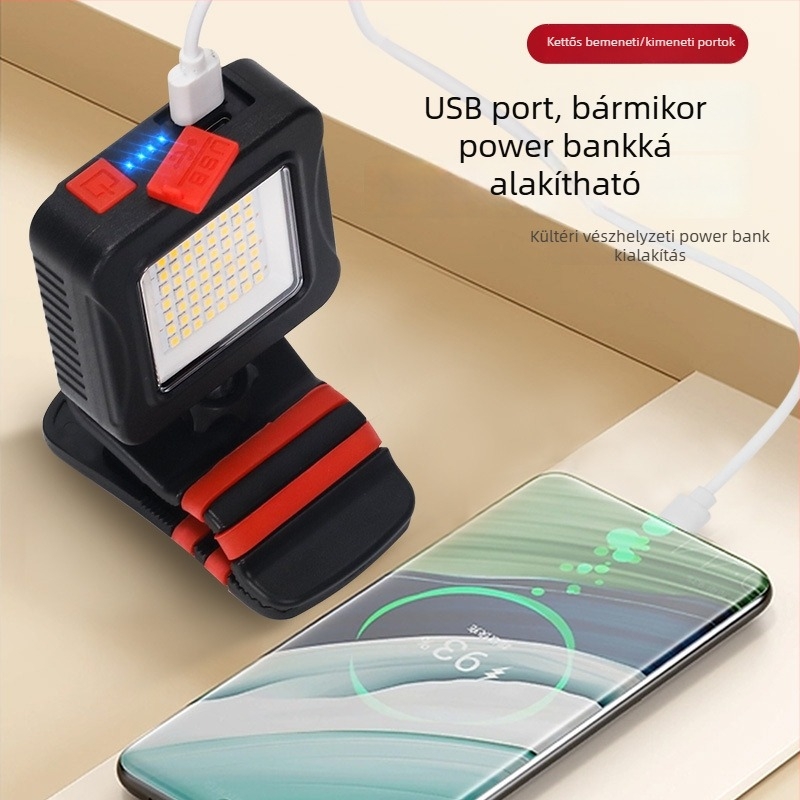 LED munka lámpa csipesszel, tölthető, hordozható autójavításhoz, nagy fényerő, lítium akkumulátor