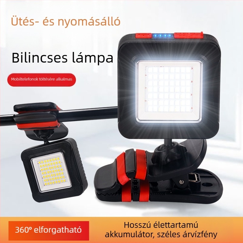 LED munka lámpa csipesszel, tölthető, hordozható autójavításhoz, nagy fényerő, lítium akkumulátor