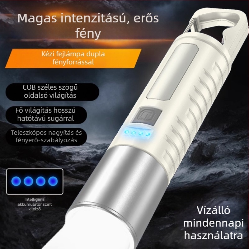 Kétfényforrásos LED zseblámpa oldalsó világítással, multifunkciós, 10W, 800mAh akkumulátor, USB töltés, fénysugár 200–500 m