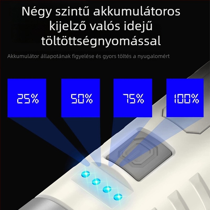 Kétfényforrásos LED zseblámpa oldalsó világítással, multifunkciós, 10W, 800mAh akkumulátor, USB töltés, fénysugár 200–500 m