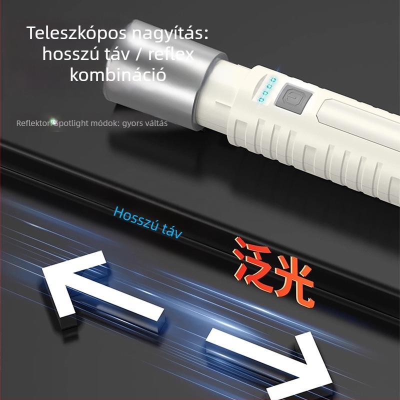 Kétfényforrásos LED zseblámpa oldalsó világítással, multifunkciós, 10W, 800mAh akkumulátor, USB töltés, fénysugár 200–500 m
