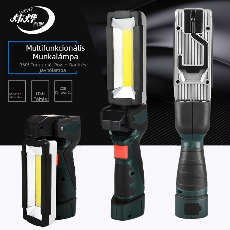 COB LED munkalámpa — 3W, 2000mAh, 360° forgás, töltő a csomagban
