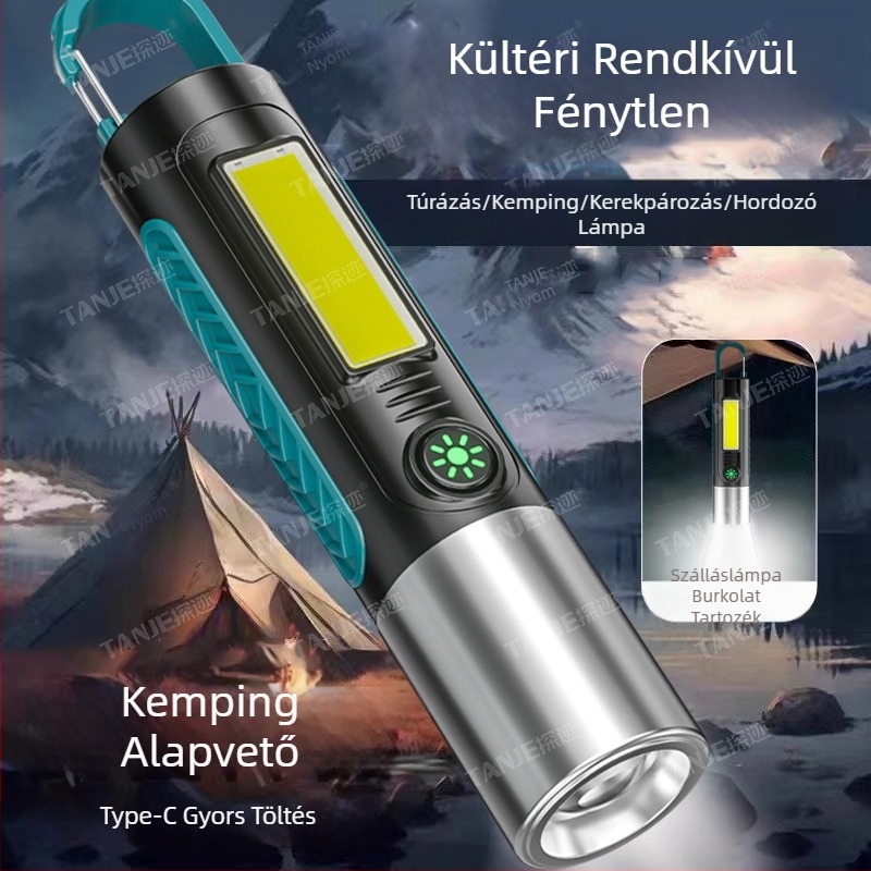 USB-C töltésű elemlámpa LED+COB világítással, 18650-es akkumulátor, 360°-os forgás, 100–200 m fénycsóva