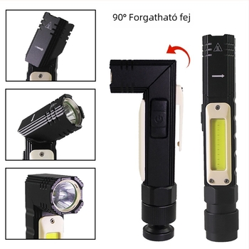 USB töltésű COB munkalámpa mágneses alapú, alumíniumötvözet test, 1500 mAh, 10W, 90° hajlítás és 360° forgás