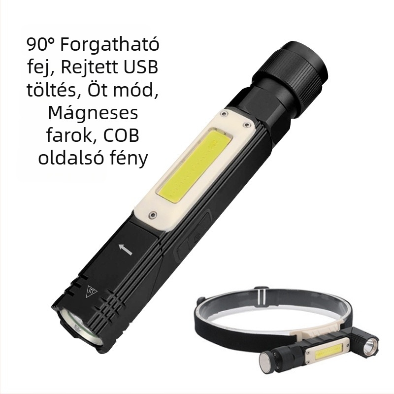 USB töltésű COB munkalámpa mágneses alapú, alumíniumötvözet test, 1500 mAh, 10W, 90° hajlítás és 360° forgás