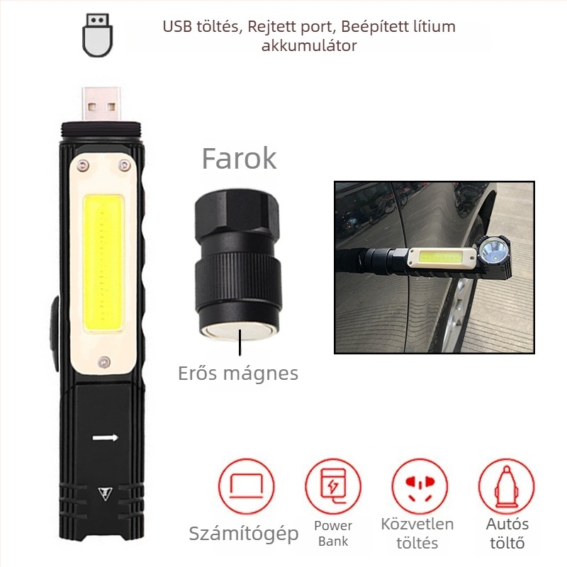 USB töltésű COB munkalámpa mágneses alapú, alumíniumötvözet test, 1500 mAh, 10W, 90° hajlítás és 360° forgás