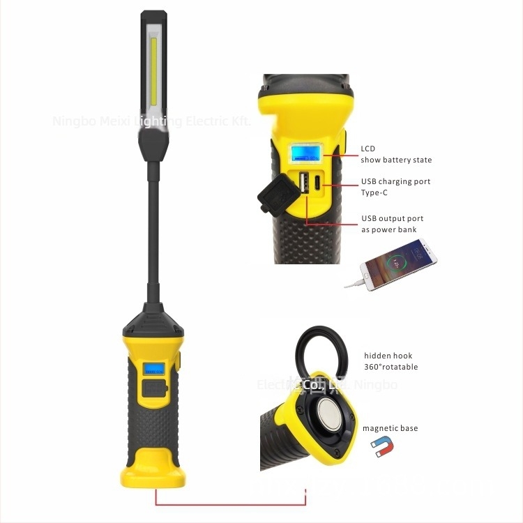 Mágneses újratölthető munka lámpa forgó COB LED-del, 10W, 3.7V, 6000–7000K, 1100 lm
