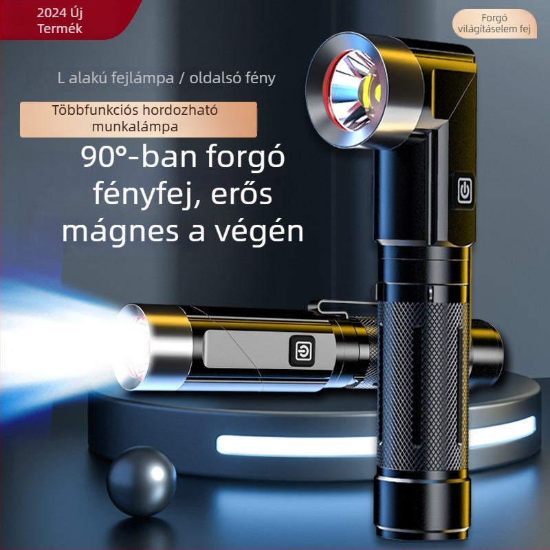 Multifunkcionális L-szögű sarok LED-lámpa, 10W, 1800mAh akkumulátor, alumíniumötvözet test, USB töltés, vészvilágítás és vizsgálat