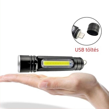 USB tölthető LED zseblámpa T6+COB, 360° forgás, 18650-es akkumulátor, fénytáv 200–500 m