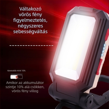 COB munkalámpa mágneses kampóval, LED 10W, 2400mAh akkumulátor, újratölthető, összecsukható, 360°-os forgás