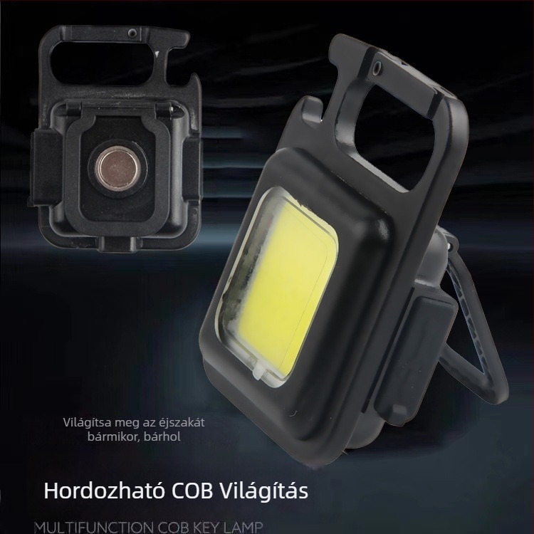 LED COB kempinglámpa, újratölthető vészvilágítás, kulcstartóval ellátott hordozható munkalámpa, 5W, 3.7V, nyomógombos kapcsoló