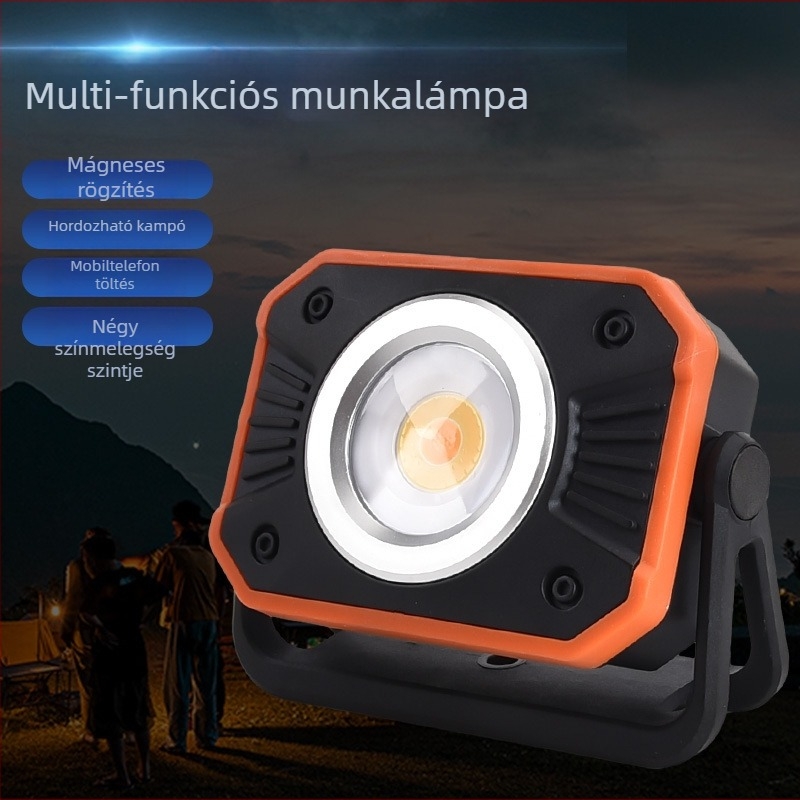 Mini hordozható kültéri munkalámpa mágneses kampóval, 5W, 4400 mAh akkumulátor, USB töltés, hatótávolság 100–200 m, Nylon + TPR
