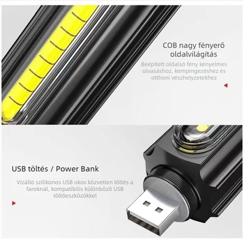 Alumínium ötvözetű LED zseblámpa teleszkópos zoommal, USB töltés, mágneses munkalámpa, LED+COB, 10W, 200-500 m hatótáv