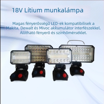 18V-os LED munka lámpa eszközökhöz, dimmelhető, szabályozható színhőmérséklet, 40W, kompatibilis Makita és DeWalt interfészekkel, 120° fénysugár