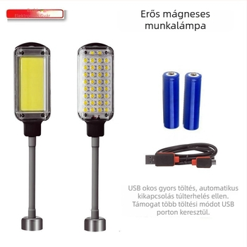 LED kézi munkalámpa autóreparációhoz COB LED-del (30W; 2x18650 Li-ion akkumulátorok; töltés; hatótávolság 50 m-ig)
