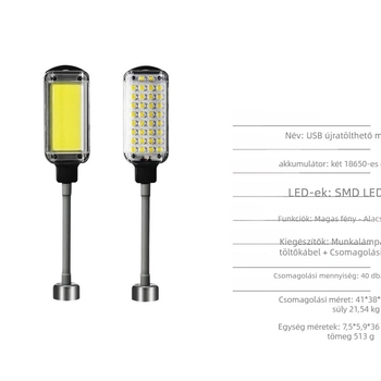 LED kézi munkalámpa autóreparációhoz COB LED-del (30W; 2x18650 Li-ion akkumulátorok; töltés; hatótávolság 50 m-ig)